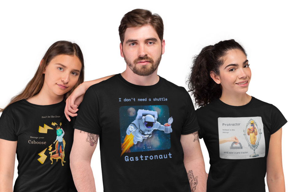 Three young people having fun while making faces and wearing t-shirts by The Witty Merchant