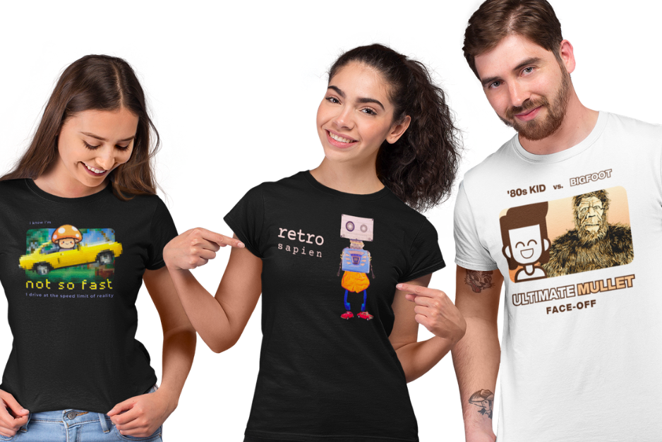 Three young people having fun while making faces and wearing t-shirts by The Witty Merchant