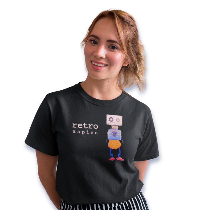 Young lady smiling and wearing our Retro Sapien shirt