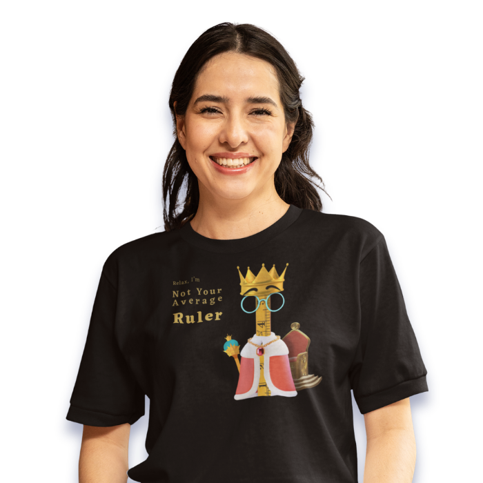 Young lady smiling and wearing our Not Your Average Ruler shirt
